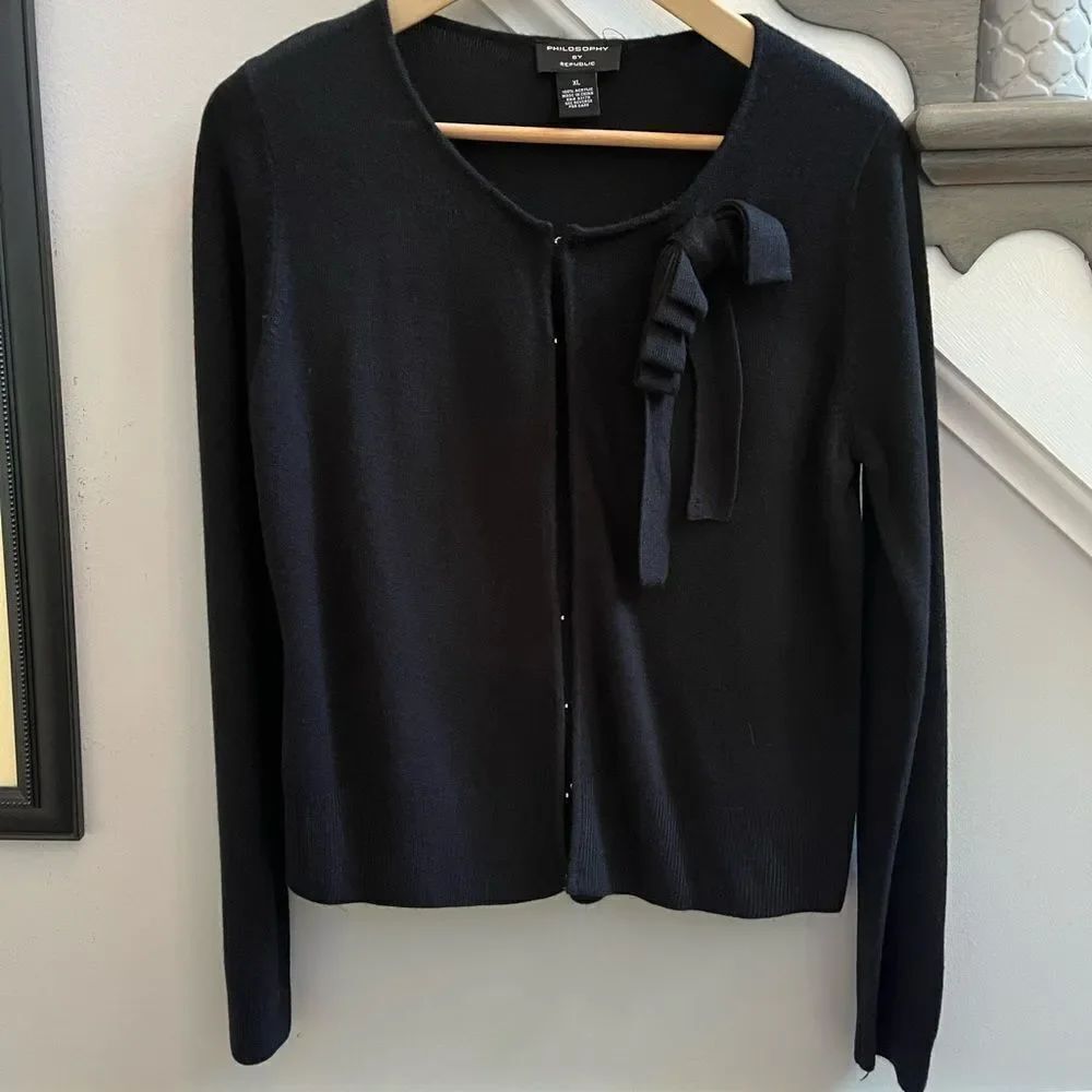 Philosophy Black Knit Bow Delicate Cardigan Sweater sz XL EUC